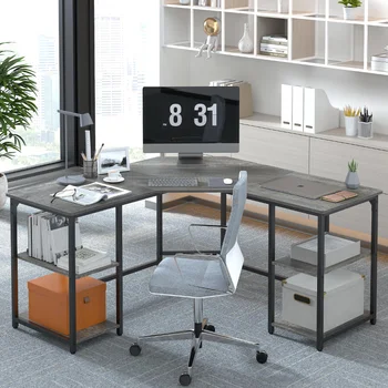 Yoneston L-образный письменный стол с двойными полками, большой Компьютерный угловой стол, Рабочая станция для домашнего офиса, стол для ПК, ноутбука с местом для хранения