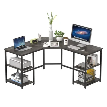 Yoneston L-образный письменный стол с двойными полками, большой Компьютерный угловой стол, Рабочая станция для домашнего офиса, стол для ПК, ноутбука с местом для хранения