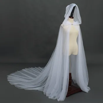 Женский костюм на Хэллоуин, тюлевая накидка с капюшоном, черный, белый, красный, свадебный, для невесты, мягкие сетчатые плащи длиной до пола
