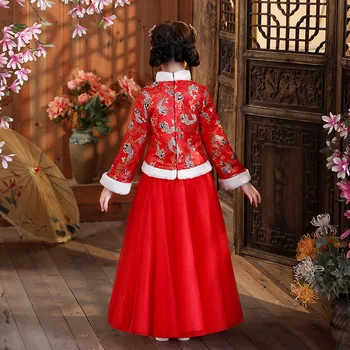 Зимние Хлопчатобумажные льняные костюмы для девочек в древнем Ханьфу, китайский прекрасный традиционный костюм эпохи Тан, детская вышивка, толстый и стеганый