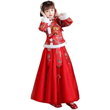 Зимние Хлопчатобумажные льняные костюмы для девочек в древнем Ханьфу, китайский прекрасный традиционный костюм эпохи Тан, детская вышивка, толстый и стеганый