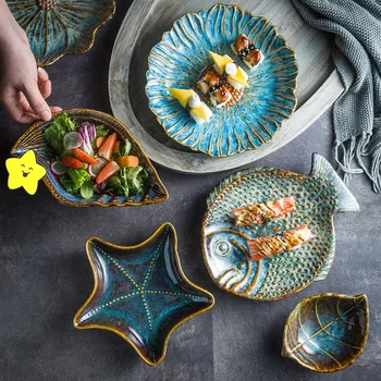 Керамическая посуда в японском ретро стиле неправильной формы, Рыба, морская звезда, Раковина, цветок, тарелка в форме листа, Бытовая обеденная тарелка
