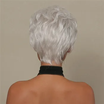 Серебристый волнистый женский парик с короткой стрижкой Пикси, белый, 30% Смесь человеческих волос, синтетические Парики, блондинка, женское повседневное использование, Косплей, термостойкость